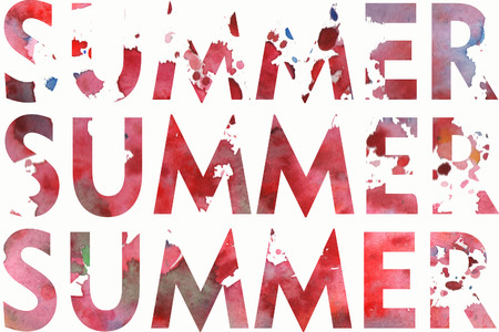 Watercolor hand-painted inscriptions summer with blots and drops on white background