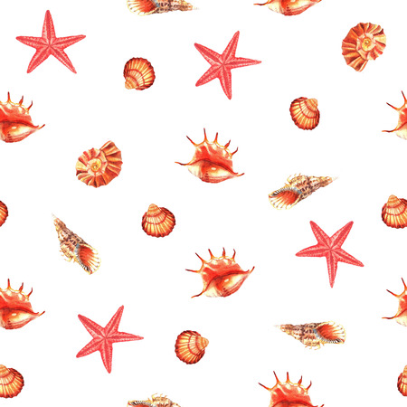 Watercolor hand painted seamless pattern of shells and Asterias. Bright summer backdrop perfect for fabric textile and wrapping paper.の写真素材