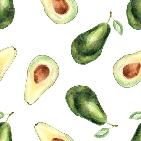 Watercolor tropical seamless pattern with avocado isolated on a white backgroundの写真素材