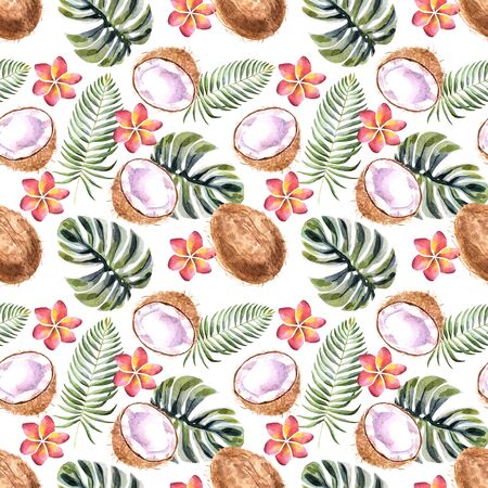 Watercolor tropical seamless pattern with coconut, plumerias and palm leaves isolated on a white backgroundの写真素材