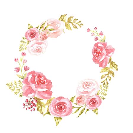Watercolor elegant circle pink frame with flowers isolated on white backgroundの写真素材