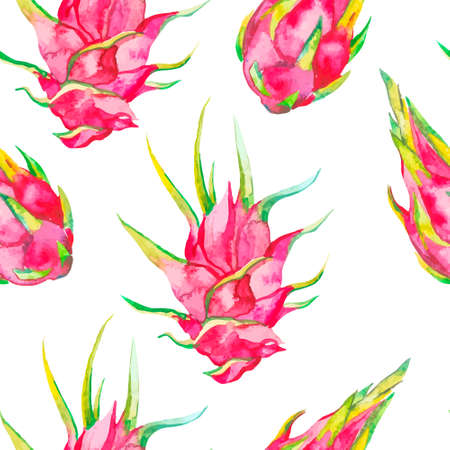 Tropical seamless pattern. Tropical fruits pattern. Exotic leaves and fruit. Vector.Dragonfruit, pitaya,pitahaya. Pitaya is the plant in Cactaceae family or Cactus.のイラスト素材