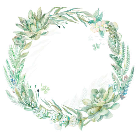 Wreath succulents and eucalyptus. Greeting card art.の写真素材