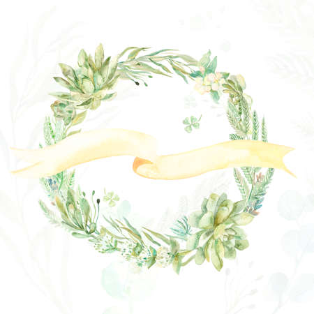 Wreath succulents and eucalyptus. Greeting card art.の写真素材
