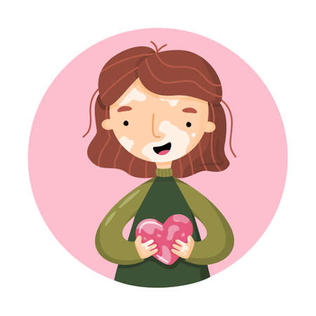Happy vitiligo girl. Hand drawn young woman with skin disease. Concept to support people with skin problems. Body positive and self love. World Vitiligo day. Vector illustration in cartoon style.のイラスト素材