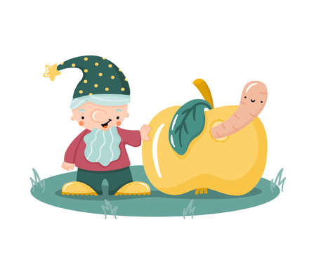 Cute cartoon hand drawn gnome with wormy apple flat vector illustration. Little garden dwarf with beard wearing funny hat. Magical character for kids design. Print with for cards, posters.のイラスト素材