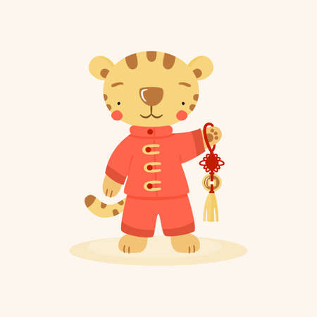 Cute cartoon chinese tiger in red costume with Feng Shui lucky coin. Funny animal character, symbol of 2022 according to the Chinese or lunar calendar. Flat vector illustration.のイラスト素材