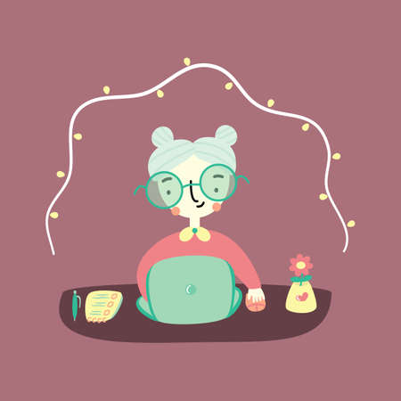 Cute cartoon hand drawn grandma with laptop flat vector illustration. Aged woman using her computer for work, education or entertainment. Technology and elderly people concept.のイラスト素材