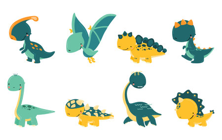 Set of cute hand drawn dinosaurs on a white background. Baby dinosaurs in cartoon style, funny characters for kids design. Flat vector illustration.のイラスト素材