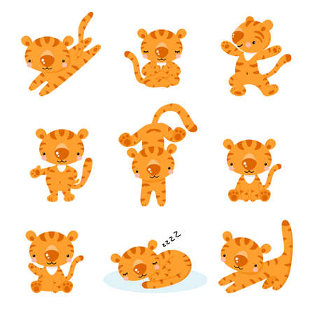 Cute cartoon tigers in various poses and actions - sitting, standing, lying, running, stretching, sleeping, meditating. Animal character for kids design. Vector illustration for nursery, apparel.のイラスト素材