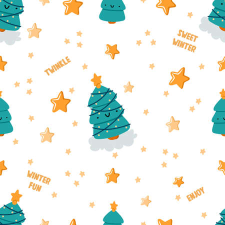 Seamless pattern with cute cartoon Christmas tree, stars and words. Funny winter character. Merry Christmas and New Year flat vector illustration. Suitable for fabric, textile, wrapping paper.のイラスト素材
