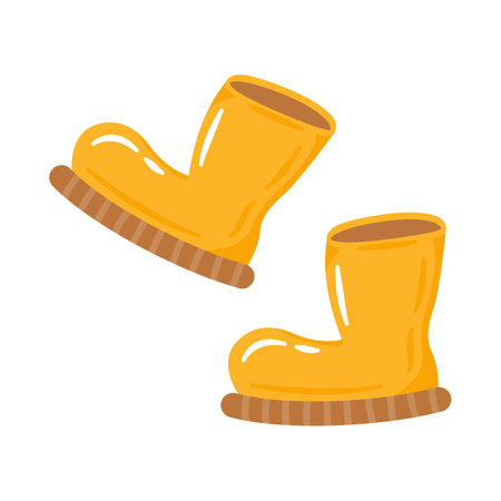 Cute cartoon yellow rubber boots flat vector illustration. Autumn footwear for rainy weather isolated on white background. Shoes for walking and gardening.のイラスト素材