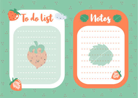 Set of to do list and note paper with cute strawberry and leaves. Template for organizer, planner, agenda, scheduler, notebooks. Flat vector illustration.のイラスト素材