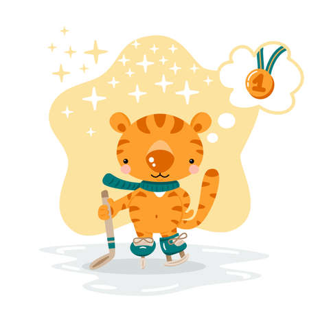 Cute cartoon tiger in skates holding a hockey stick in a paw. Animal character hockey player. Winter illustration for cards, posters.のイラスト素材