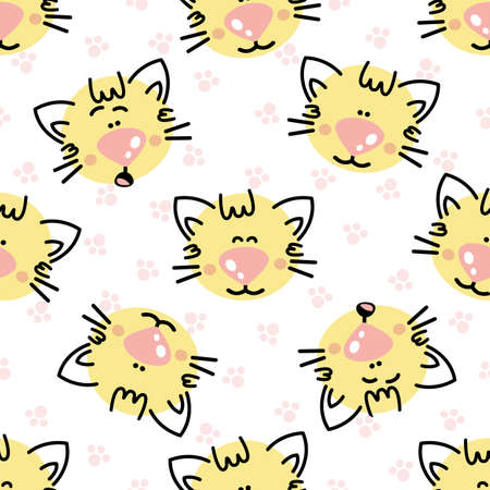 Cartoon cats seamless pattern. Yellow cats faces on white background. Vector illustration for print, wrapping paper, packaging, poster, fabric, textile.のイラスト素材