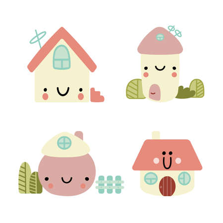 Set of cute little houses with funny faces. Simple buildings with bushes isolated on white background. Childish vector illustration for print, poster, card, apparel. Decorative elements for nursery.のイラスト素材
