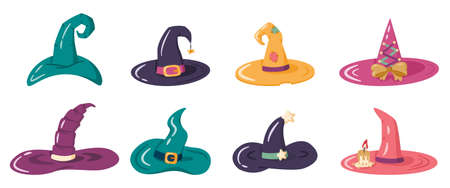 Set of cartoon witches and wizards hats with different accessories - belt, bow, patch, stars, candle. Decorative elements for Halloween party isolated on white background.のイラスト素材