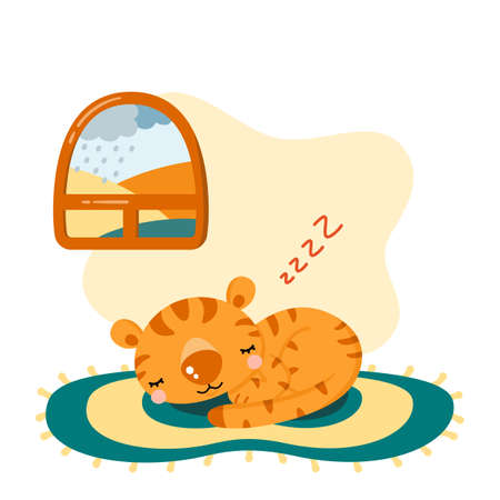 Cute cartoon tiger sleeping on the carpet near window with autumn landscapes. Animal character in cozy home. Autumn illustration.のイラスト素材