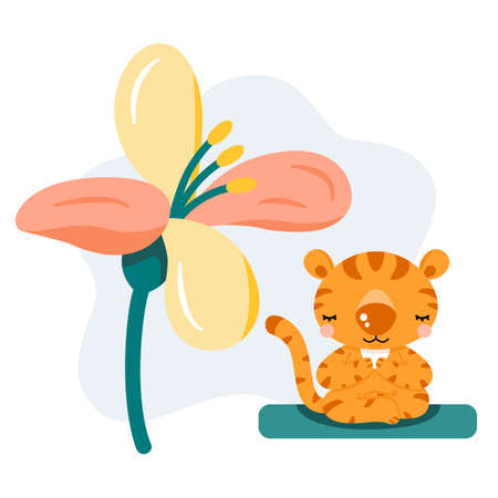 Cute cartoon tiger sitting in lotus position and meditating near big colorful flower. Animal character doing yoga. Illustration for cards, posters.のイラスト素材