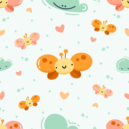 Seamless pattern with cute colorful butterflies and cartoon clouds. Cute summer elements isolated on light green background. Suitable for fabric, textile, wrapping paper.のイラスト素材