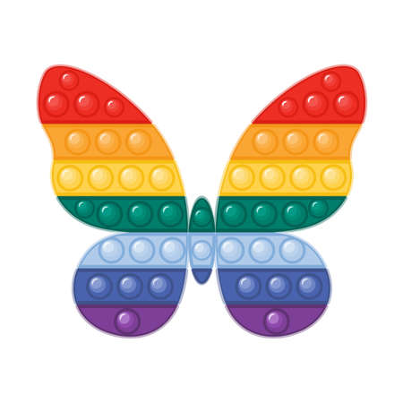 Trendy antistress pop it fidget toy in rainbow colors flat vector illustration. Butterfly shaped sensory plaything with push bubbles isolated on white background. Modern toy for kids and adults.のイラスト素材