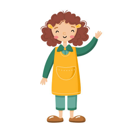Smiling curly girl in apron. Cute female farmer or seller of food market. Flat vector illustration in cartoon style.のイラスト素材