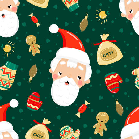 Cute cartoon Santa Claus and Christmas decorations seamless pattern. Funny winter character. Merry Christmas and Happy New Year flat vector illustration.のイラスト素材