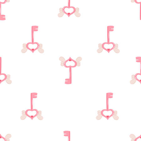 Seamless pattern with cute cartoon flying keys. Valentine's day romantic elements for decorations. Flat vector illustration for fabric, textile, wrapping paper.のイラスト素材