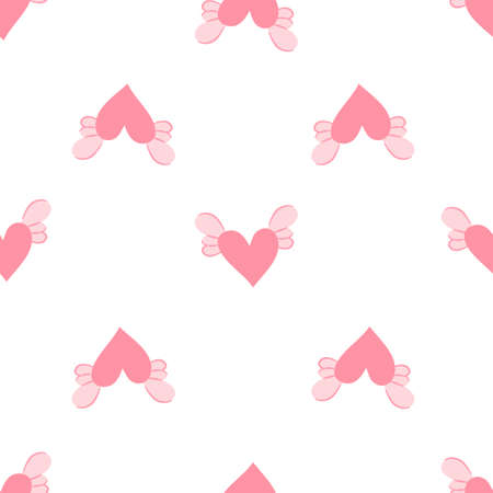 Seamless pattern with cute cartoon pink flying hearts. Valentine's day romantic elements for decorations. Flat vector illustration for fabric, textile, wrapping paper.のイラスト素材