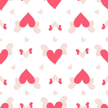 Seamless pattern with cute cartoon flying hearts. Valentine's day romantic elements for decorations. Flat vector illustration for fabric, textile, wrapping paper.のイラスト素材