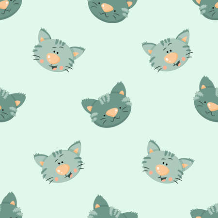 Cartoon blue cats with stripes seamless pattern. Funny cats faces on light blue background. Vector illustration for print, wrapping paper, packaging, poster, fabric, textile.のイラスト素材
