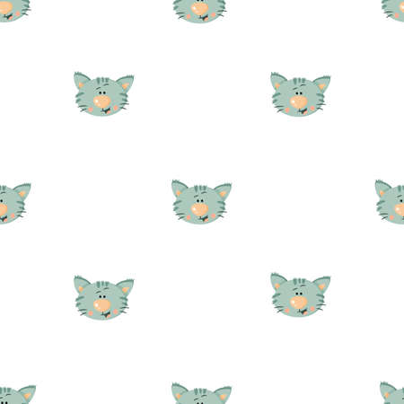 Cartoon blue cats with stripes seamless pattern. Funny cats faces on white background. Vector illustration for print, wrapping paper, packaging, poster, fabric, textile.のイラスト素材