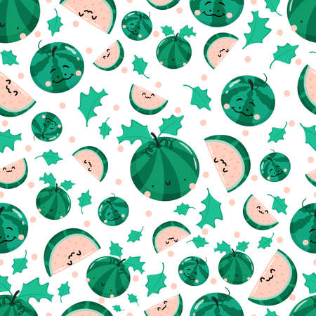 Seamless pattern with cute cartoon watermelons and watermelon slices with funny faces. Summer snack...