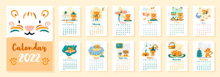 Vertical calendar 2022 with cute cartoon tigers. The year of the tiger according to the Chinese calendar, symbol of 2022. Cover and 12 months pages. Week starts on Sunday. A4,A5のイラスト素材