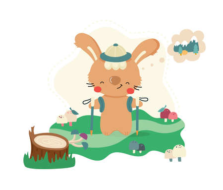 Cute cartoon rabbit traveler hiking in the woods. Funny animal character for kids design. Flat vector illustration.のイラスト素材