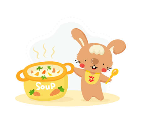 Cute cartoon rabbit cooking tasty dish. Funny animal character for kids design. Flat vector illustration.のイラスト素材