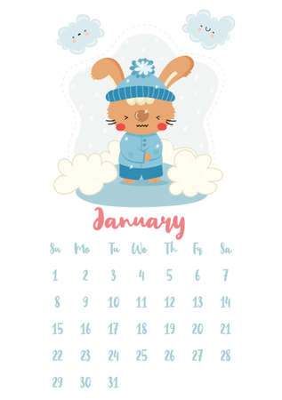 Vertical vector calendar for January 2023 with cute cartoon winter rabbit. The year of the rabbit according to the Chinese calendar, symbol of 2023. Week starts on Sunday.のイラスト素材