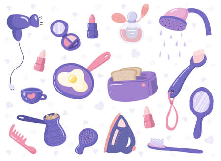Set of daily morning routine elements - cosmetics, electrical appliances, combs, brushes, breakfast food and drink. Flat vector illustration in cartoon style.のイラスト素材