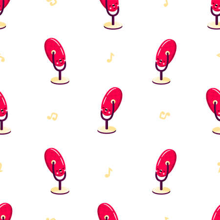 Vector seamless pattern with cute cartoon microphone with funny face. Modern device for podcast, broadcast, audio record. Background for podcast channel. Flat vector illustration.のイラスト素材