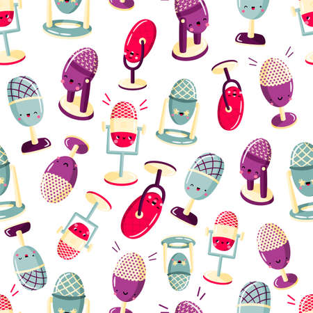 Vector seamless pattern with cute cartoon microphone with funny face. Modern device for podcast, broadcast, audio record. Background for podcast channel. Flat vector illustration.のイラスト素材