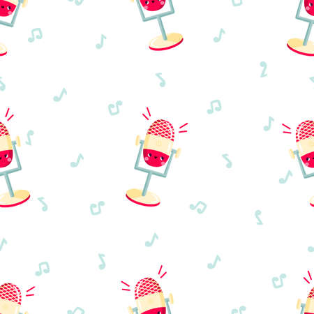 Vector seamless pattern with cute cartoon microphone with funny face. Modern device for podcast, broadcast, audio record. Background for podcast channel. Flat vector illustration.のイラスト素材