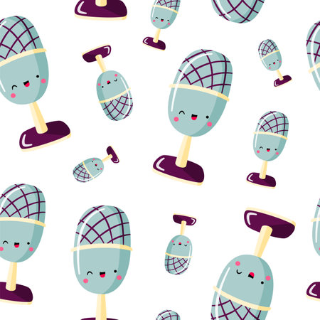 Vector seamless pattern with cute cartoon microphone with funny face. Modern device for podcast, broadcast, audio record. Background for podcast channel. Flat vector illustration.のイラスト素材