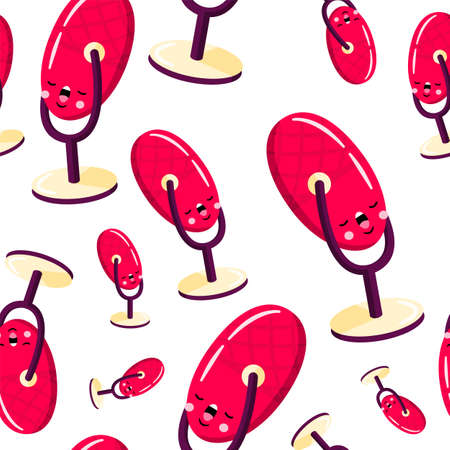 Vector seamless pattern with cute cartoon microphone with funny face. Modern device for podcast, broadcast, audio record. Background for podcast channel. Flat vector illustration.のイラスト素材