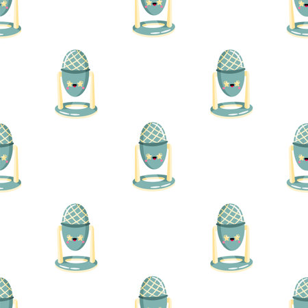 Vector seamless pattern with cute cartoon microphone with funny face. Modern device for podcast, broadcast, audio record. Background for podcast channel. Flat vector illustration.のイラスト素材