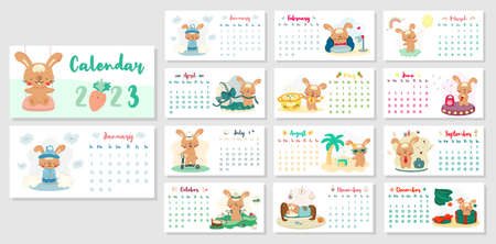 Horizontal desk calendar 2023 with cute cartoon rabbits. The year of the rabbit according to the Chinese calendar. Cover and 12 months pages with seasonal illustrations. Week starts on Sunday.のイラスト素材