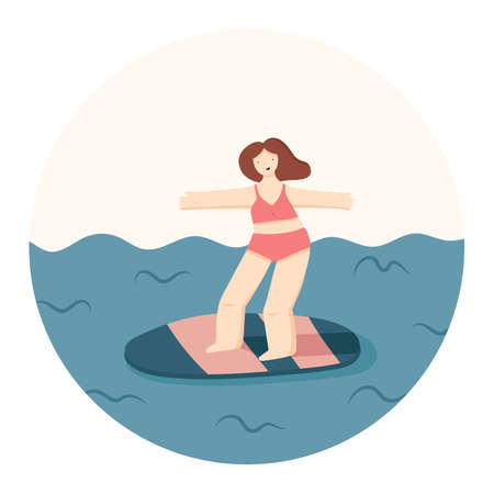 Young woman standing on surfboard. Cartoon girl in swimwear surfing on board. Female character enjoying summer vacation. Flat vector illustration.のイラスト素材