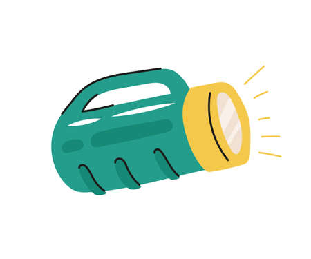 Cartoon hand drawn tourist flashlight with handle. Equipment for camping, hiking, backpacking. Flat vector illustration.のイラスト素材