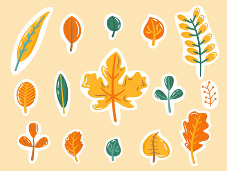 Fall leaves sticker set. Autumn yellow, orange and green foliage. Design elements for organizer, diary, journal decor, scrapbooking. Flat vector illustration.のイラスト素材