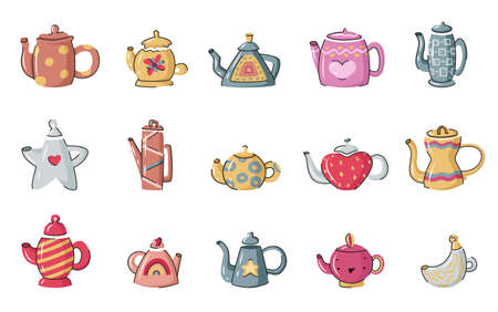 Ceramic teapots vector set. Hand drawn kettles with decorative elements - stars, hearts, stripes, polka dots, other ornaments. Cartoon dishware, kitchen utensils, tools for teatiのイラスト素材
