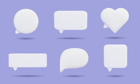 Blank white 3d speech bubble icons set. Cartoon message boxes of different shapes. Social networking, chatting. Realistic vector design element.のイラスト素材